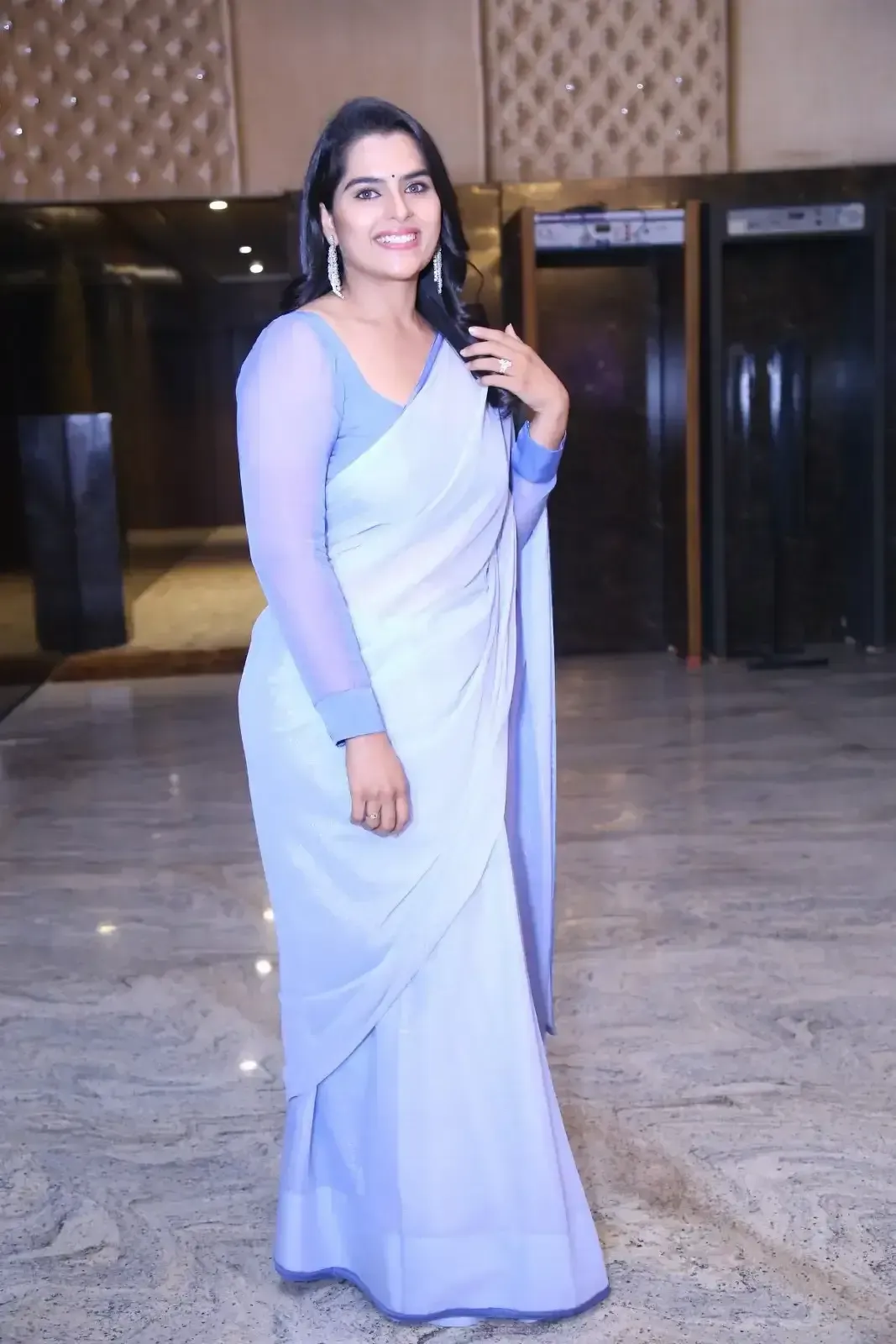 Kavya Kalyanram In Blue Saree At Ustaad Pre Release Event